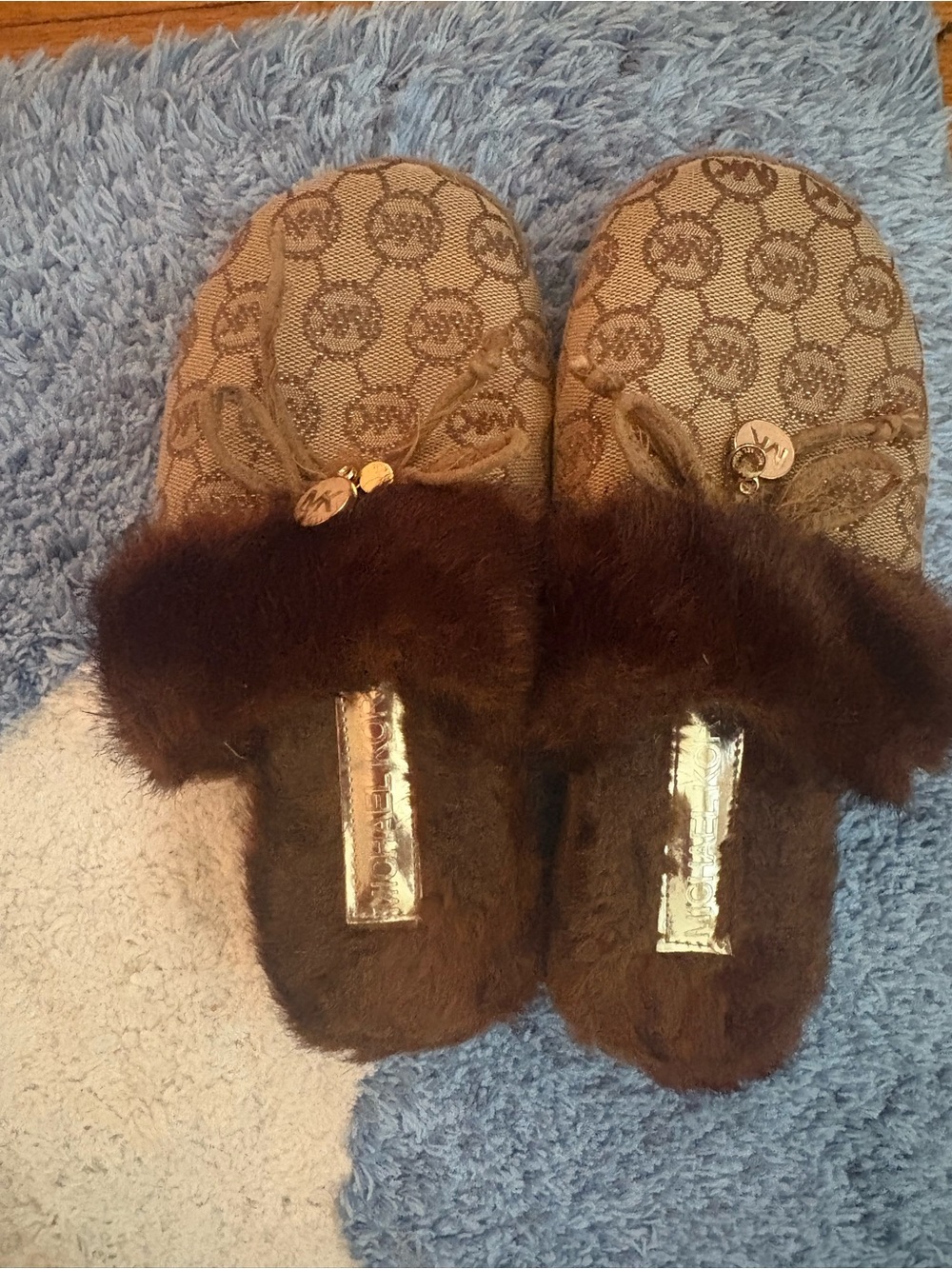 Michael Kors Brown Logo Fur-Trim Slide Slippers